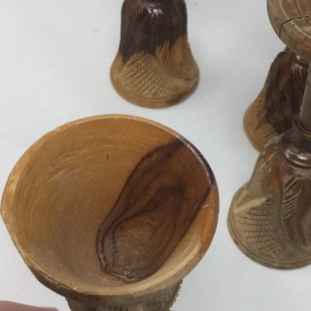 4 Vintage Wood Hand Carved Goblets Small